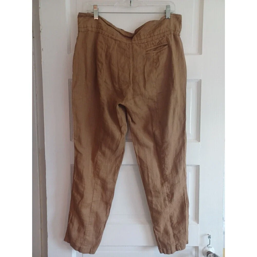 Zara brown linen tapered leg pants womens M paperbag waist button fly beach boho